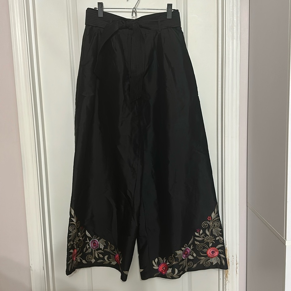Embroidered wide leg taffeta pants